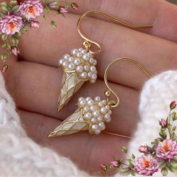 Jewelry - Elegant Gold Pearl‎ Ice Cream Cone Earrings